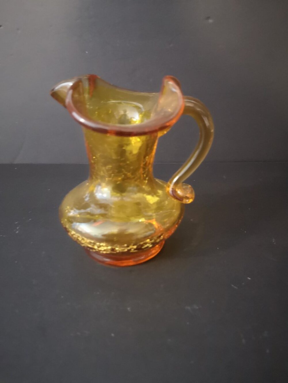 Vintage Handblown Amber Crackle Glass Small Pitcher w/Handle & Ruffled Rim 3.75"